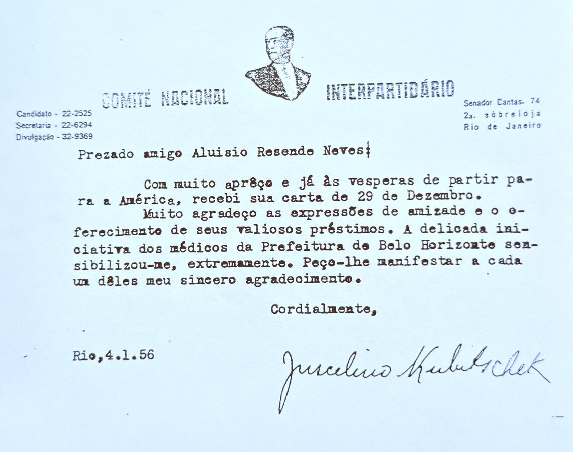 Letter from Juscelino Kubitschek to Aloysio, January 4, 1956.