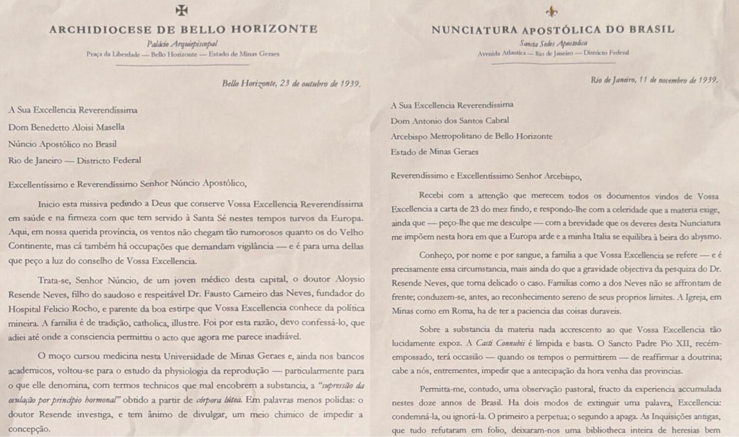 Apocryphal correspondence. The two prelates held, in 1939, precisely the positions that appear in the rubrics. The letter, however, is fictional—it reconstructs, in epistolary form, the plausible content of an institutional dialogue whose effects on Aloysi